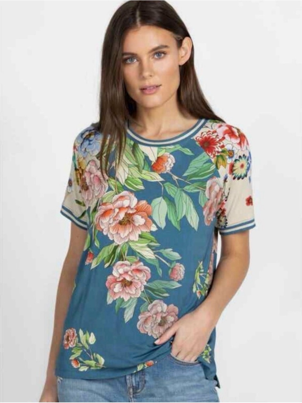 Johnny Was Teal Floral Short-Sleeve Tee with Cream Sleeves
